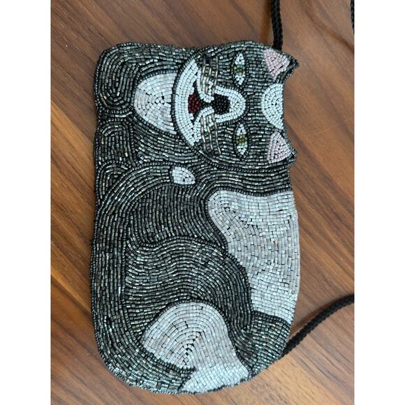 Vintage Glass Seed Beaded Black White Cat 2 sided Fully Beaded Crossbody Purse main image 8